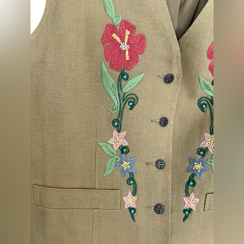 Vintage Banana Republic Linen Floral Embroidered Vest Beaded Sz Medium - Picture 8 of 14